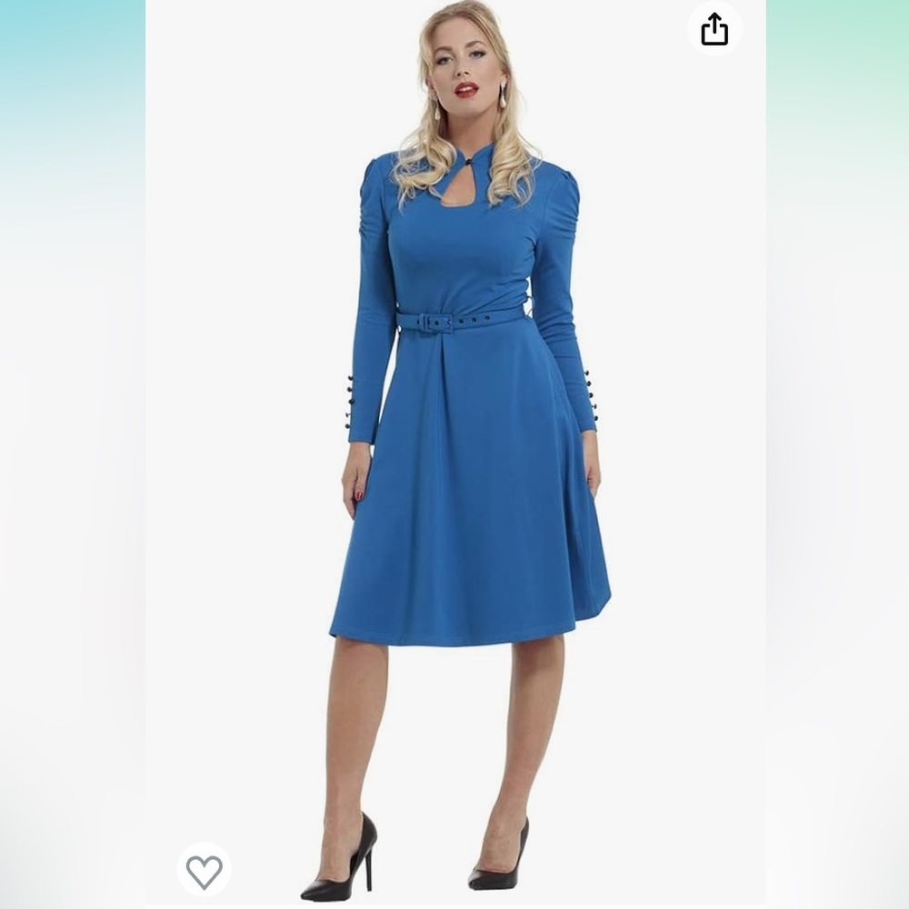 FINAL NEW Voodoo Vixen DITA Keyhole Neckline Long Sleeve Dress Blue Pinup SZ XL - Picture 2 of 5